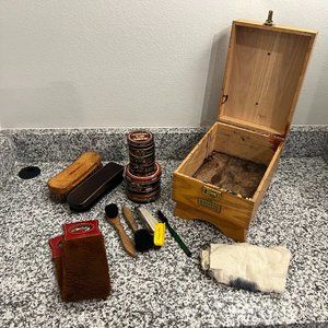 Vintage Wood Shoeshine Box FULL Griffin Shinemaster polish tin brush LOADED kit